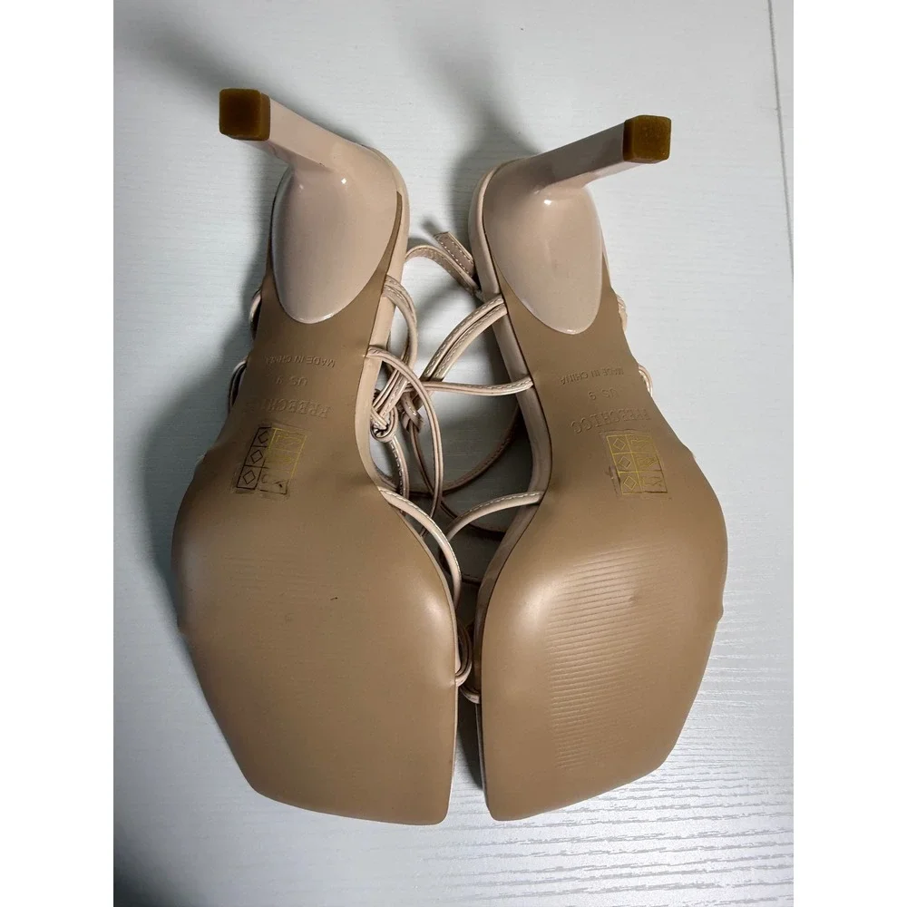 Freechicc Nude Beige Strappy Square Toe Heeled Sandals Size 9 Patent Knotted